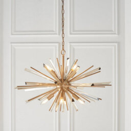 Large Antique Brass Ceiling Pendant Light - 8 Bulb Hanging Fitting - Prism Glass - thumbnail 3