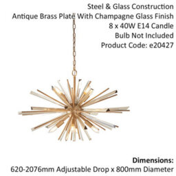 Large Antique Brass Ceiling Pendant Light - 8 Bulb Hanging Fitting - Prism Glass - thumbnail 2