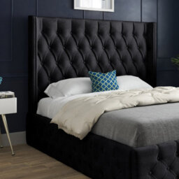 Turin Straight Winged Upholstered Soft Velvet Bed Frame - Black - thumbnail 2
