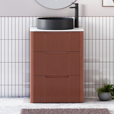 Royal Bathrooms Avenza 600mm Terracotta Clay Floor Standing Countertop Bathroom Vanity Unit 3 Drawer With Art Round Black Basin