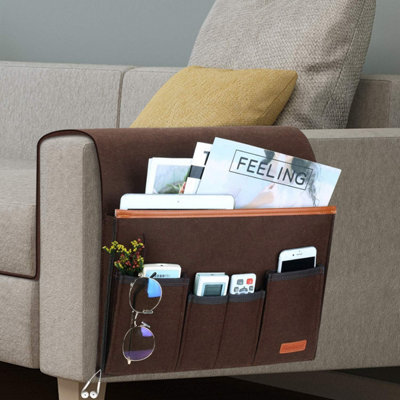 (Brown) Sofa Armrest Organizer, Storage Chair Bag With 5 Pockets, Cover For Remote Control, Ipad, Magazine, Glasses - image 1