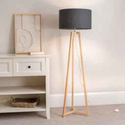 Valuelights Lottie Natural Wood Tripod Floor Lamp With Charcoal Grey Drum Shade