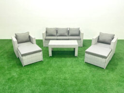Fimous Rattan Garden Furniture Set 7 Seater Outdoor Garden Sofa 2 Chairs Oblong Coffee Table Set 2 Stools Light Grey - thumbnail 2