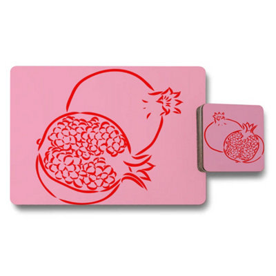 Benjamin Tate Design Placemat And Coaster Set 12 Pieces Pink Pomegranate Designer Artwork Exquisite Wood Bottom Finish - image 1