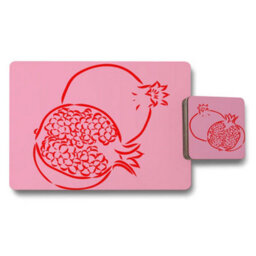 Benjamin Tate Design Placemat And Coaster Set 12 Pieces Pink Pomegranate Designer Artwork Exquisite Wood Bottom Finish - thumbnail 1