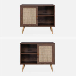 Sweeek - 80Cm Scandi-Style Storage Cabinet With Wooden And Cane Rattan Dark Wood Colour 80X39X65.8 Cm - Boheme - thumbnail 2