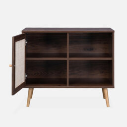 Sweeek - 80Cm Scandi-Style Storage Cabinet With Wooden And Cane Rattan Dark Wood Colour 80X39X65.8 Cm - Boheme - thumbnail 3