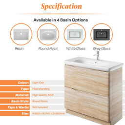 Plum&clay Eden Light Oak Floorstanding Vanity Unit With Round Resin Basin (W)940mm - thumbnail 7