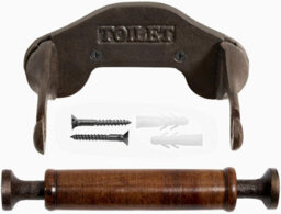 Toilet Roll Holder Wall Mounted Industrial Style Toilet Embossed Cast Iron Toilet Paper Holder Wooden Loop - thumbnail 3