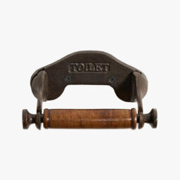 Toilet Roll Holder Wall Mounted Industrial Style Toilet Embossed Cast Iron Toilet Paper Holder Wooden Loop - thumbnail 4
