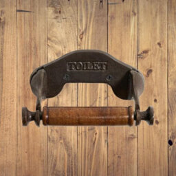 Toilet Roll Holder Wall Mounted Industrial Style Toilet Embossed Cast Iron Toilet Paper Holder Wooden Loop - thumbnail 6