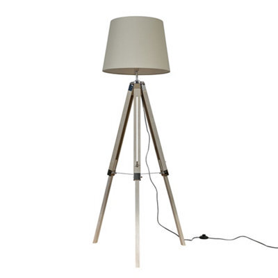 Valuelights Clipper Distressed Wood And Silver Chrome Tripod Floor Lamp With Beige Tapered Light Shade With 6W Led Gls Bulb - image 1