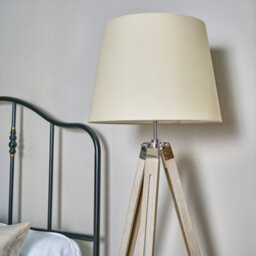 Valuelights Clipper Distressed Wood And Silver Chrome Tripod Floor Lamp With Beige Tapered Light Shade With 6W Led Gls Bulb - thumbnail 3