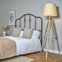 Valuelights Clipper Distressed Wood And Silver Chrome Tripod Floor Lamp With Beige Tapered Light Shade With 6W Led Gls Bulb - thumbnail 2