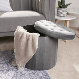 Ohs Matte Velvet Round Ottoman Seat Storage Footstool Tub - Charcoal