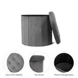 OHS Folding Ottoman Storage Box Footstool Tub Space Saving Velvet Seat, Round - thumbnail 4