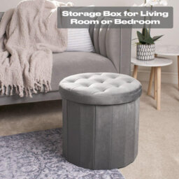 OHS Folding Ottoman Storage Box Footstool Tub Space Saving Velvet Seat, Round - thumbnail 2