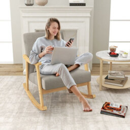 Costway Wooden Rocking Accent Chair Upholstered Rocker Armchair W/ Soft Lumbar Pillow - thumbnail 4