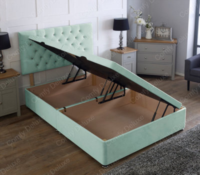 Comfy Deluxe 6Ft Side Lift Duck Egg Plush Velvet Ottoman Divan Base With Chesterfield Headboard