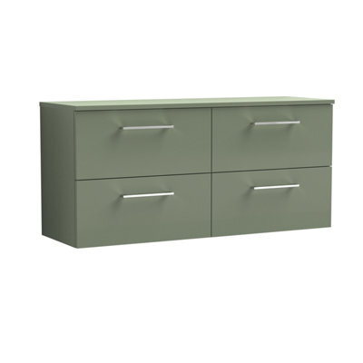 Balterley Bramshall Modern Bathroom 4 Soft Close Drawer Wall Hung Vanity Unit With Worktop, Satin Green, 1200 mm - image 1