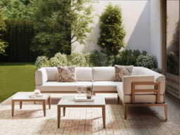 Beliani Garden Corner Sofa With Table 6 Seater Rima Iii Left Hand Modular Metal Light Beige - thumbnail 2