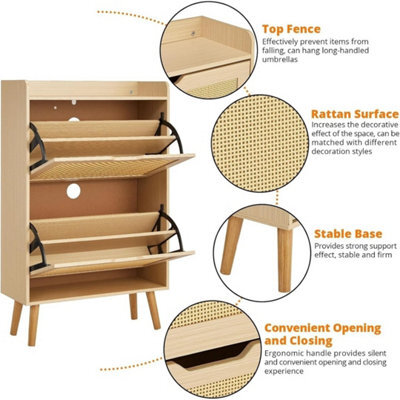 Oak Rattan Hidden Shoe Cabinet 2 Flip Drawers Entryway Storage - image 1