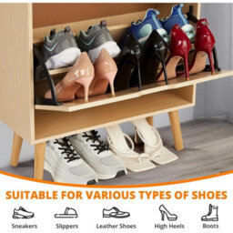 Oak Rattan Hidden Shoe Cabinet 2 Flip Drawers Entryway Storage - thumbnail 4