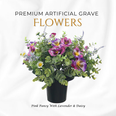 Premium Artificial Grave Flowers - 25Cm Pink Pansy With Lavender & Daisy Memorial Vase Pot