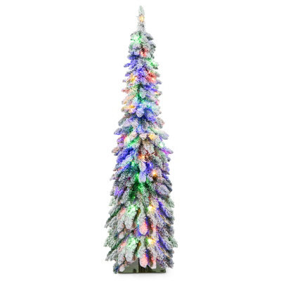 Costway 5 Ft Pre-Lit Artificial Christmas Tree Snow-Flocked Slim Pencil Christmas Tree - image 1