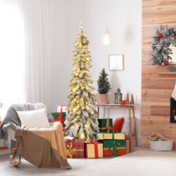 Costway 5 Ft Pre-Lit Artificial Christmas Tree Snow-Flocked Slim Pencil Christmas Tree - thumbnail 3