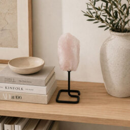 Rose Quartz Mineral Specimen On Metal Stand Natural Crystal Display Piece - thumbnail 3
