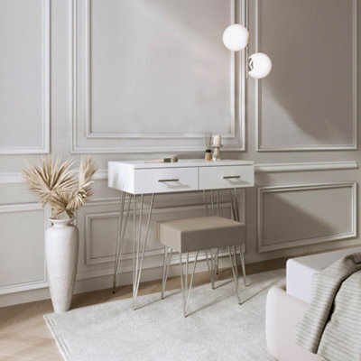 CARME Home Olivia White Dressing Table And Stool Set - 2 Large Drawers Padded Stool Metal Legs - image 1