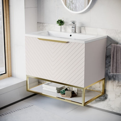 Nes Home 800mm Wall Hung Pink Drawers Basin Vanity Brushed Brass Frame & Handle - image 1