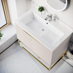 Nes Home 800mm Wall Hung Pink Drawers Basin Vanity Brushed Brass Frame & Handle - thumbnail 4
