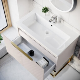 Nes Home 800mm Wall Hung Pink Drawers Basin Vanity Brushed Brass Frame & Handle - thumbnail 5