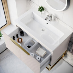 Nes Home 800mm Wall Hung Pink Drawers Basin Vanity Brushed Brass Frame & Handle - thumbnail 6