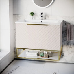 Nes Home 800mm Wall Hung Pink Drawers Basin Vanity Brushed Brass Frame & Handle - thumbnail 2