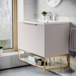 Nes Home 800mm Wall Hung Pink Drawers Basin Vanity Brushed Brass Frame & Handle - thumbnail 3