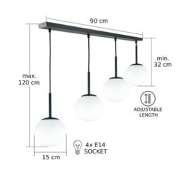 Luminosa Lighting Luminosa Mondi Bar Pendant Ceiling Light Black White Glass Shade 4X E27 - thumbnail 5