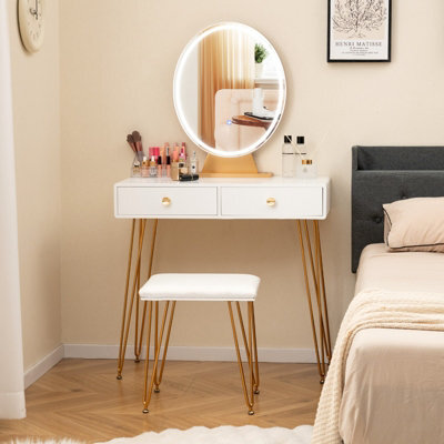 Costway 80 Cm Vanity Set W/ Lighted Mirror Makeup Dressing Table W/ Cushioned Stool-White - image 1
