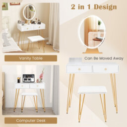 Costway 80 Cm Vanity Set W/ Lighted Mirror Makeup Dressing Table W/ Cushioned Stool-White - thumbnail 9