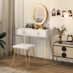 Costway 80 Cm Vanity Set W/ Lighted Mirror Makeup Dressing Table W/ Cushioned Stool-White - thumbnail 5