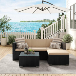 Songmics Garden Furniture Set, Pe Rattan Patio Furniture Set, With Cushions And Glass Table, Black And Taupe - thumbnail 7