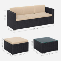 Songmics Garden Furniture Set, Pe Rattan Patio Furniture Set, With Cushions And Glass Table, Black And Taupe - thumbnail 2