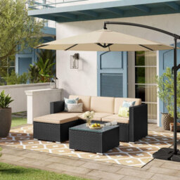Garden Furniture Set, Pe Rattan Patio Furniture Set, With Cushions And Glass Table, Black And Taupe