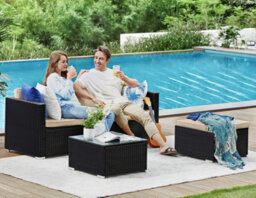 Songmics Garden Furniture Set, Pe Rattan Patio Furniture Set, With Cushions And Glass Table, Black And Taupe - thumbnail 3