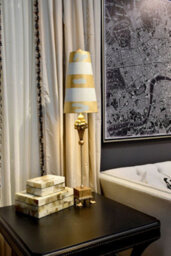 Elegant Gold Leaf Duck Feet Table Lamp With Striped Shade And Led Bulb - thumbnail 2