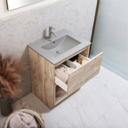 Homestylestore Light Oak 612mm Bathroom Vanity Unit Led Lit Open Shelf And Pebble Basin - thumbnail 2