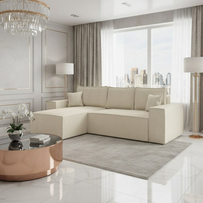 Malaga L Shaped Mdf Corner Sofa Bed With Storage And Pull Out Seat Loose Back Cushions Cream Corduroy Left - image 1