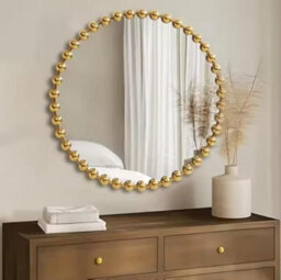 Biznest Golden Beaded Border Frame Round Wall Mirror Plastic Body Construction Contemporary Design Interior Decoration 60 X 2.5 Cm